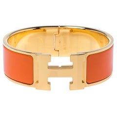 Hermes Clic Clac H Orange Enamel Gold Plated Wide Bracelet PM