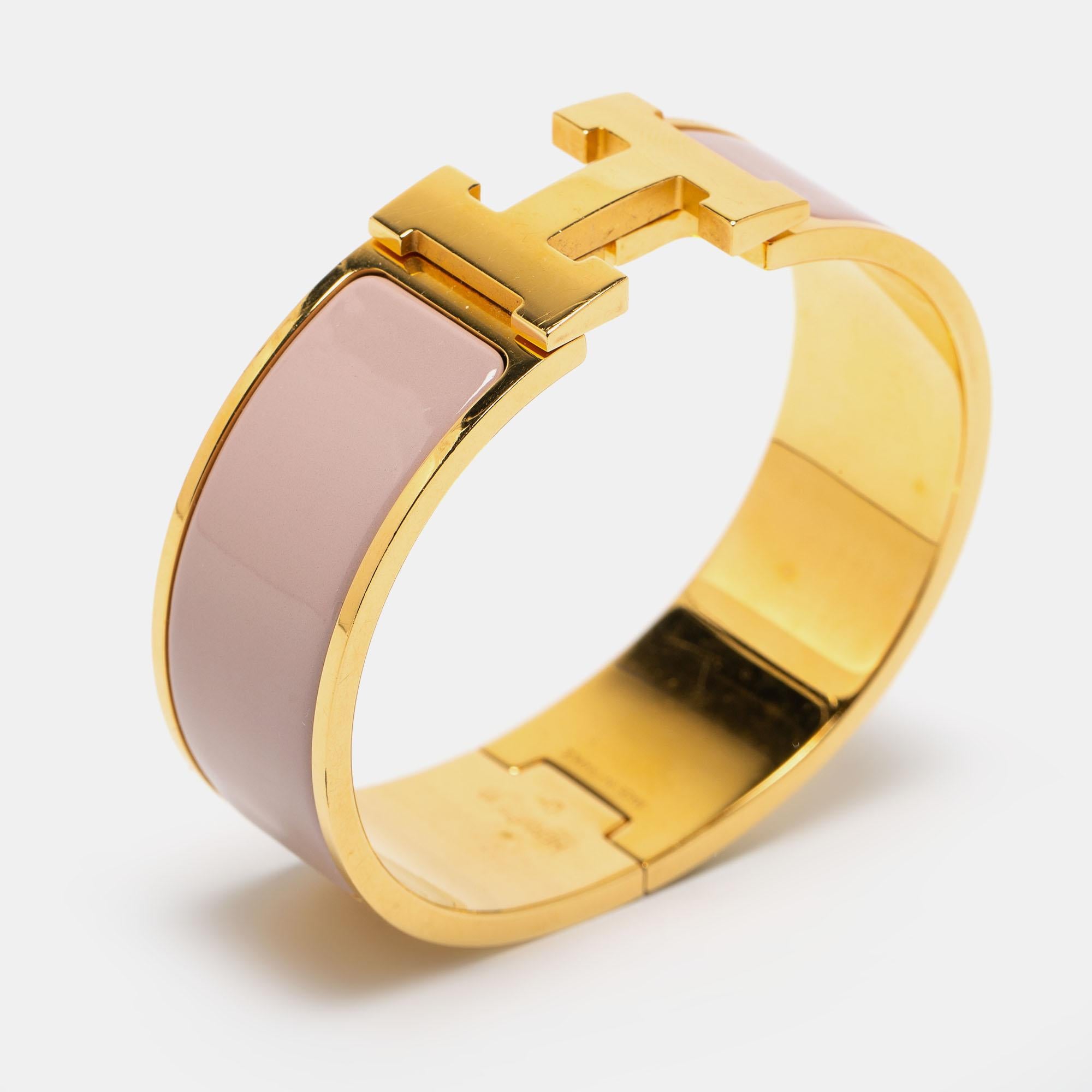 Women's Hermès Clic Clac H Pink Enamel Gold Plated Wide Bracelet