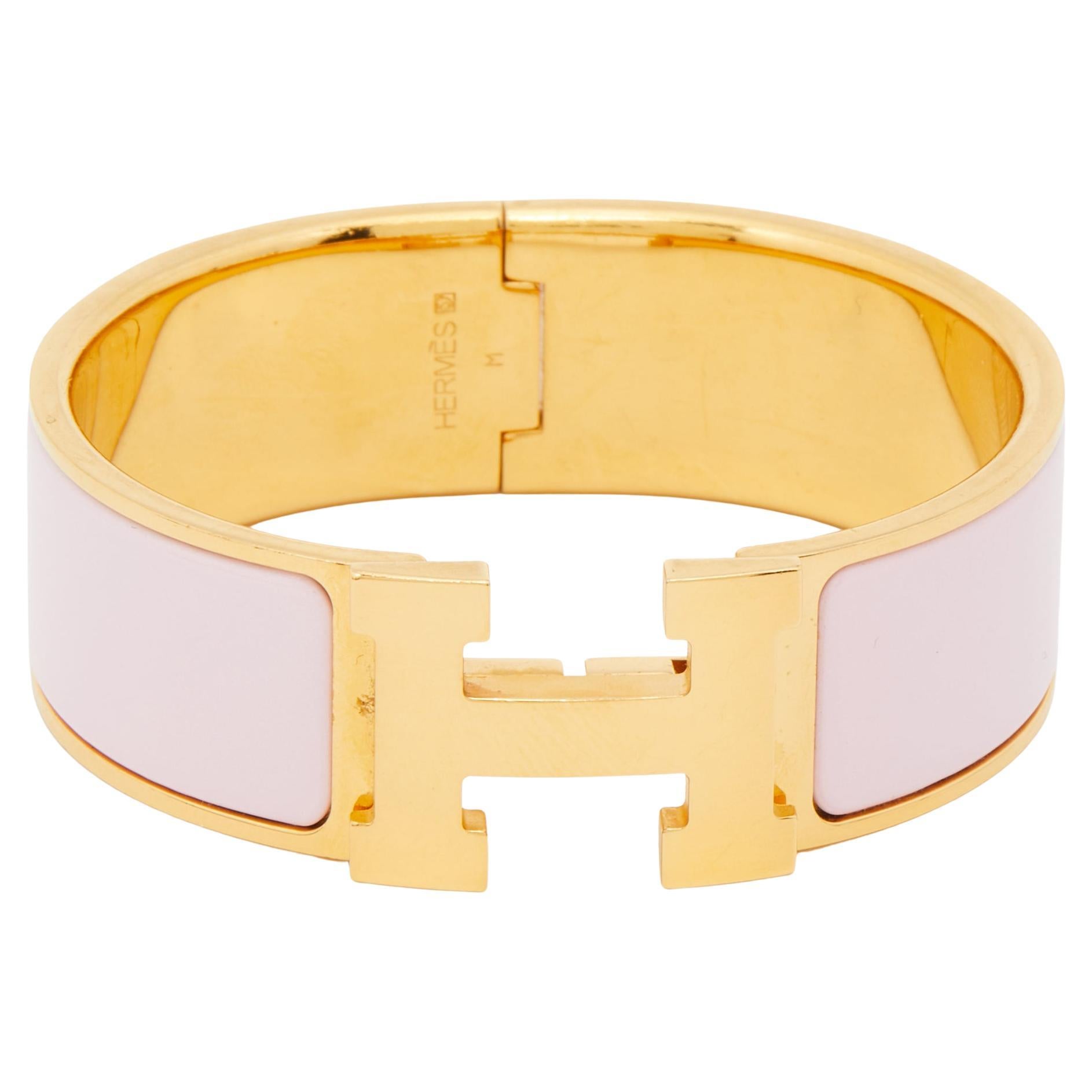 Hermes Clic Clac H Pink Enamel Gold Plated Wide Bracelet