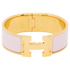 Hermes Clic Clac H Pink Enamel Gold Plated Wide Bracelet