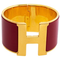 Hermès Clic Clac H Red Enamel Gold Plated Extra Wide Bracelet