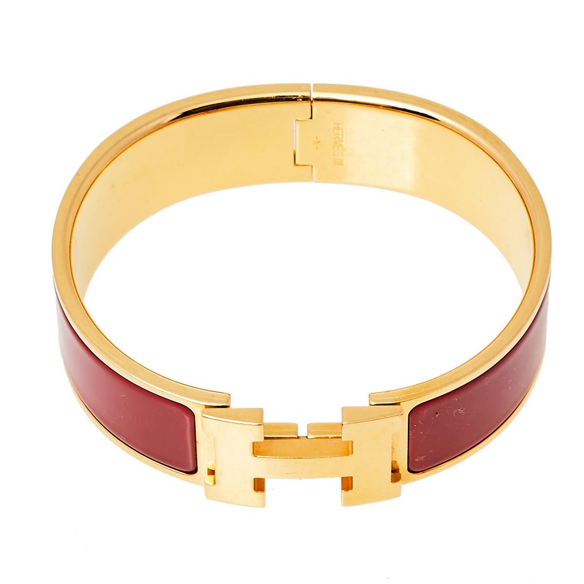 Women's Hermès Clic Clac H Red Enamel Gold Plated Wide Bracelet PM