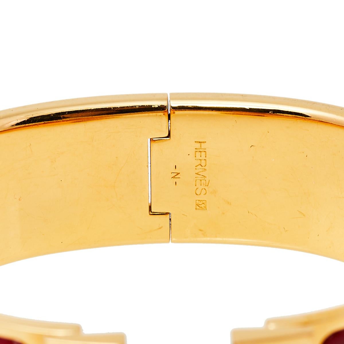 Hermès Clic Clac H Red Enamel Gold Plated Wide Bracelet PM 2