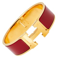 Hermès Clic Clac H Red Enamel Gold Plated Wide Bracelet PM