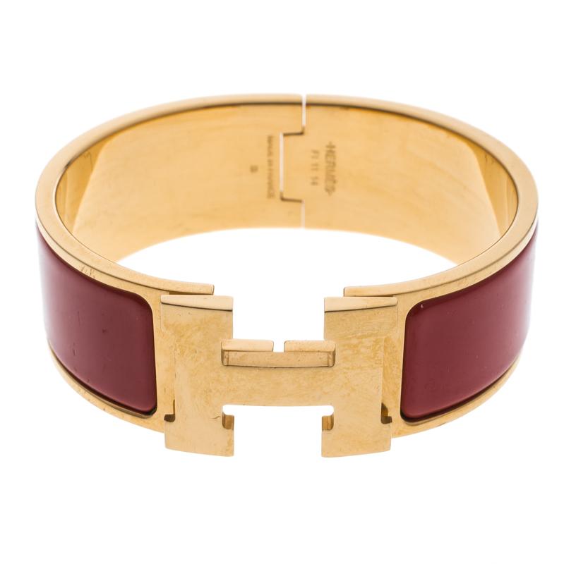 HERMES H Clic Clac Enamel Bracelet Bangle Size 7.5 Red/Gold