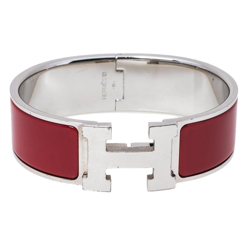 Hermès Clic Clac H Red Enamel Palladium Plated Bracelet GM