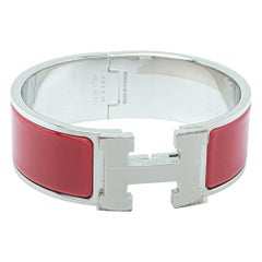 Hermès Clic Clac H Red Enamel Palladium Plated Wide Bracelet PM