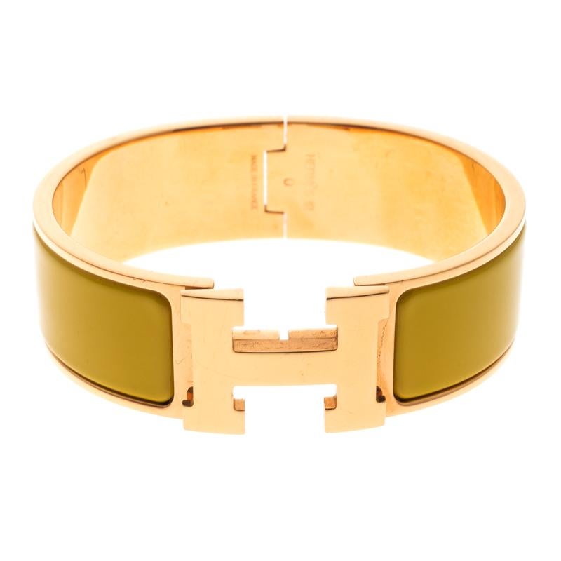 Hermes Clic Clac H Sun Yellow Enamel Gold Plated Wide Bracelet GM