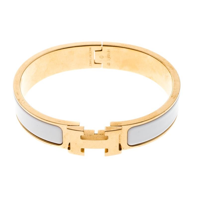 Hermes Clic Clac H White Enamel Gold Plated Narrow Bracelet PM im Zustand „Gut“ in Dubai, Al Qouz 2