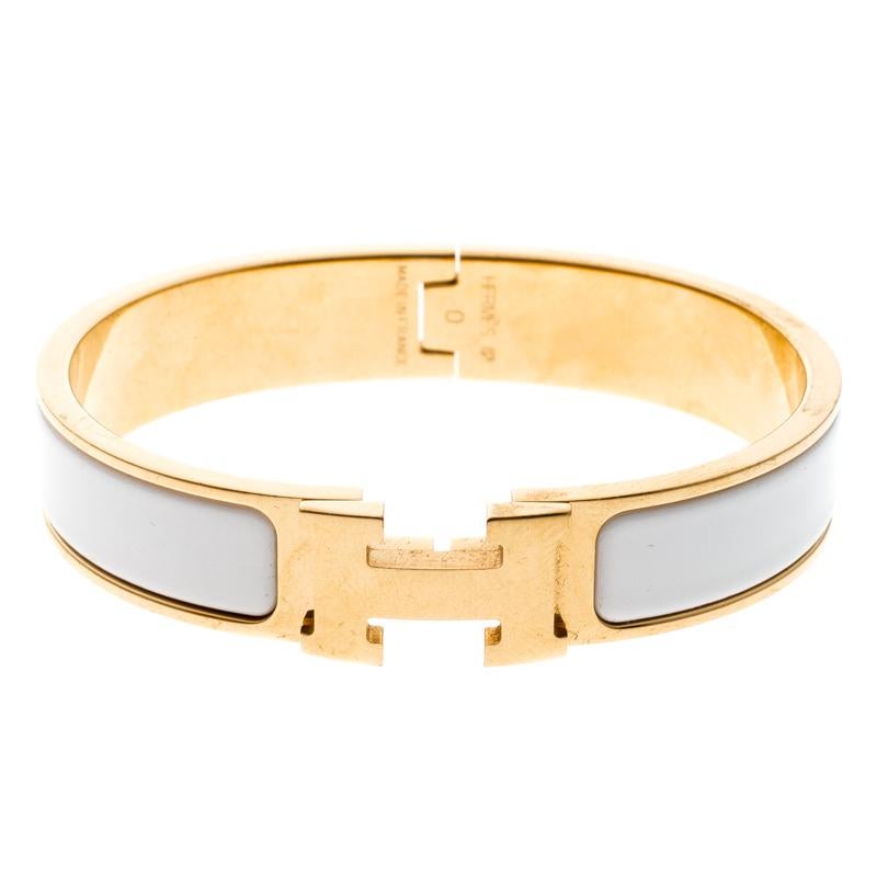 Contemporary Hermes Clic Clac H White Enamel Gold Plated Narrow Bracelet PM