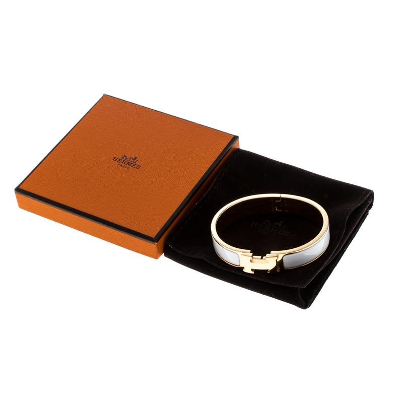 Hermes Clic Clac H White Enamel Gold Plated Narrow Bracelet PM In Good Condition In Dubai, Al Qouz 2