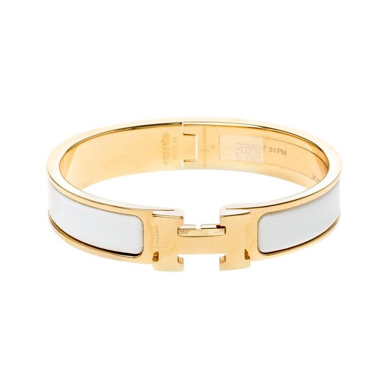 Hermes Clic Clac H White Enamel Gold Plated Narrow Bracelet PM at 1stDibs