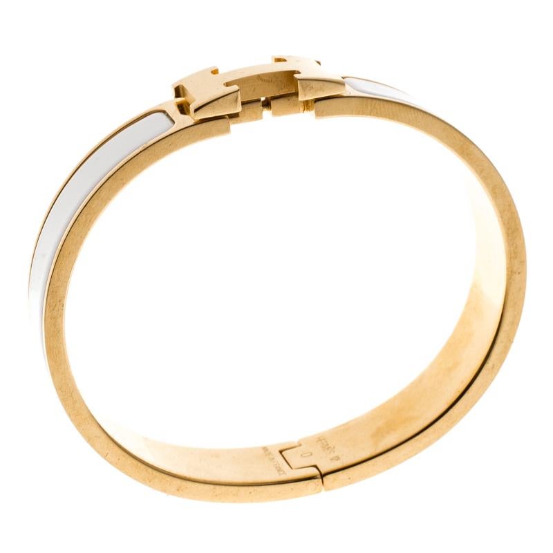 Hermes Clic Clac H White Enamel Gold Plated Narrow Bracelet PM