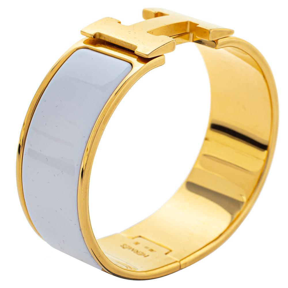 Women's Hermès Clic Clac H White Enamel Gold Plated Wide Bracelet PM