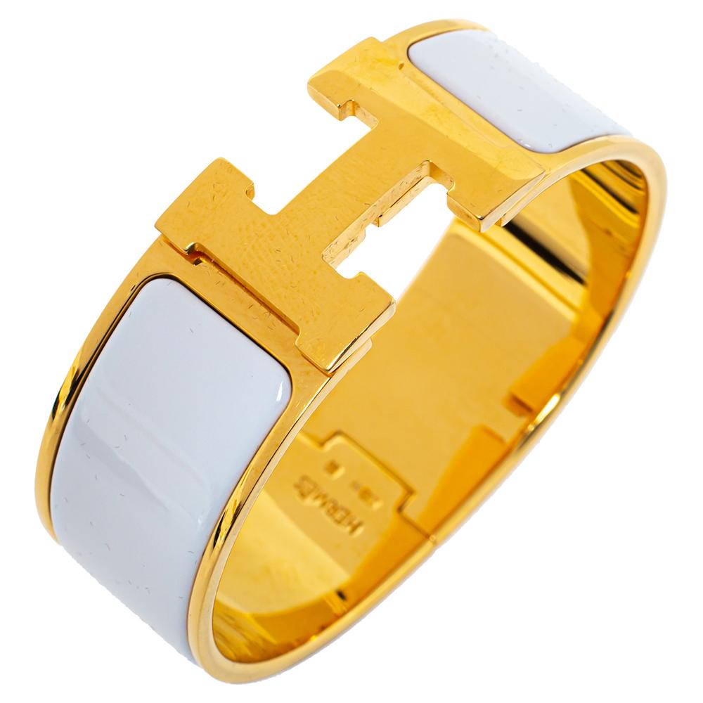 Hermès Clic Clac H White Enamel Gold Plated Wide Bracelet PM 1