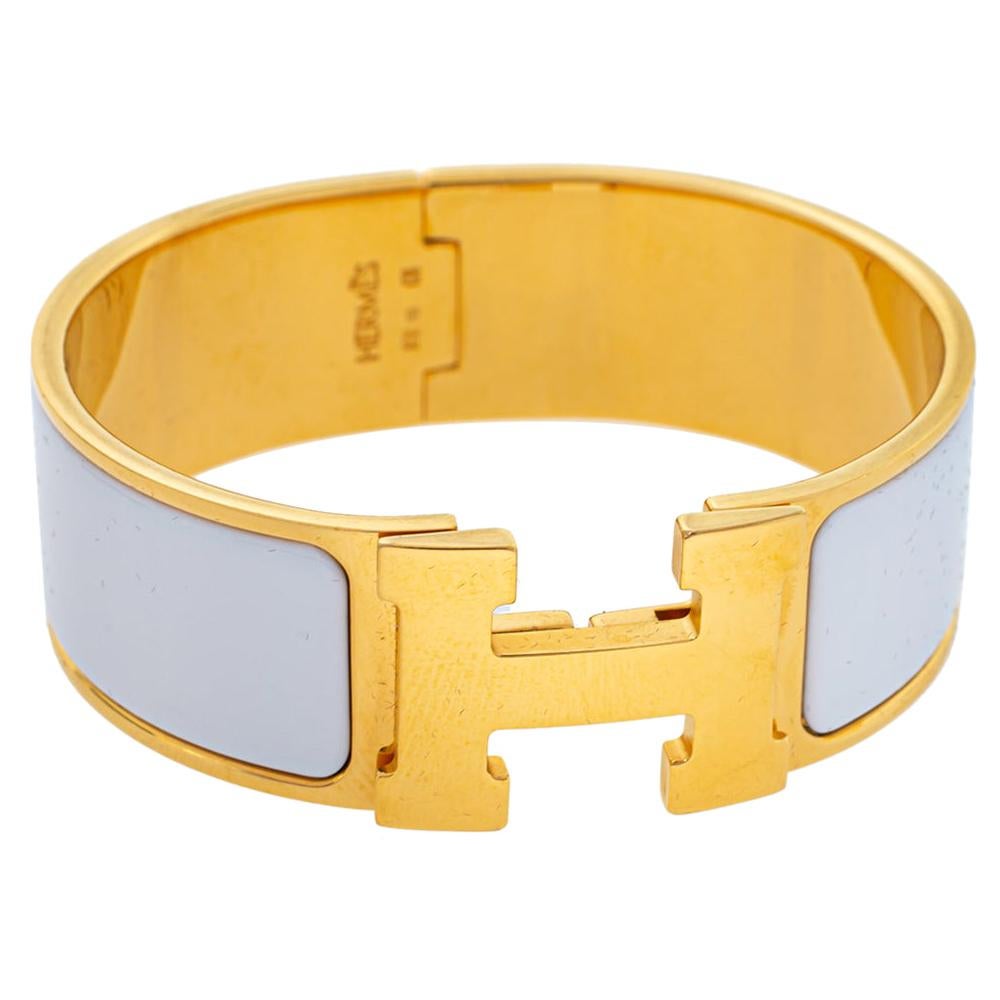 Hermès Clic Clac H White Enamel Gold Plated Wide Bracelet PM