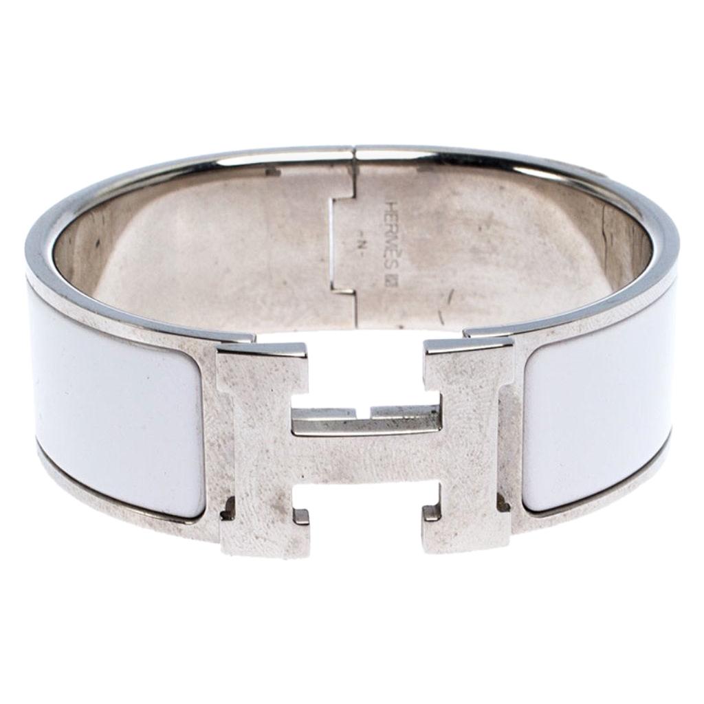 Hermès Clic Clac H White Enamel Palladium Plated Wide Bracelet PM