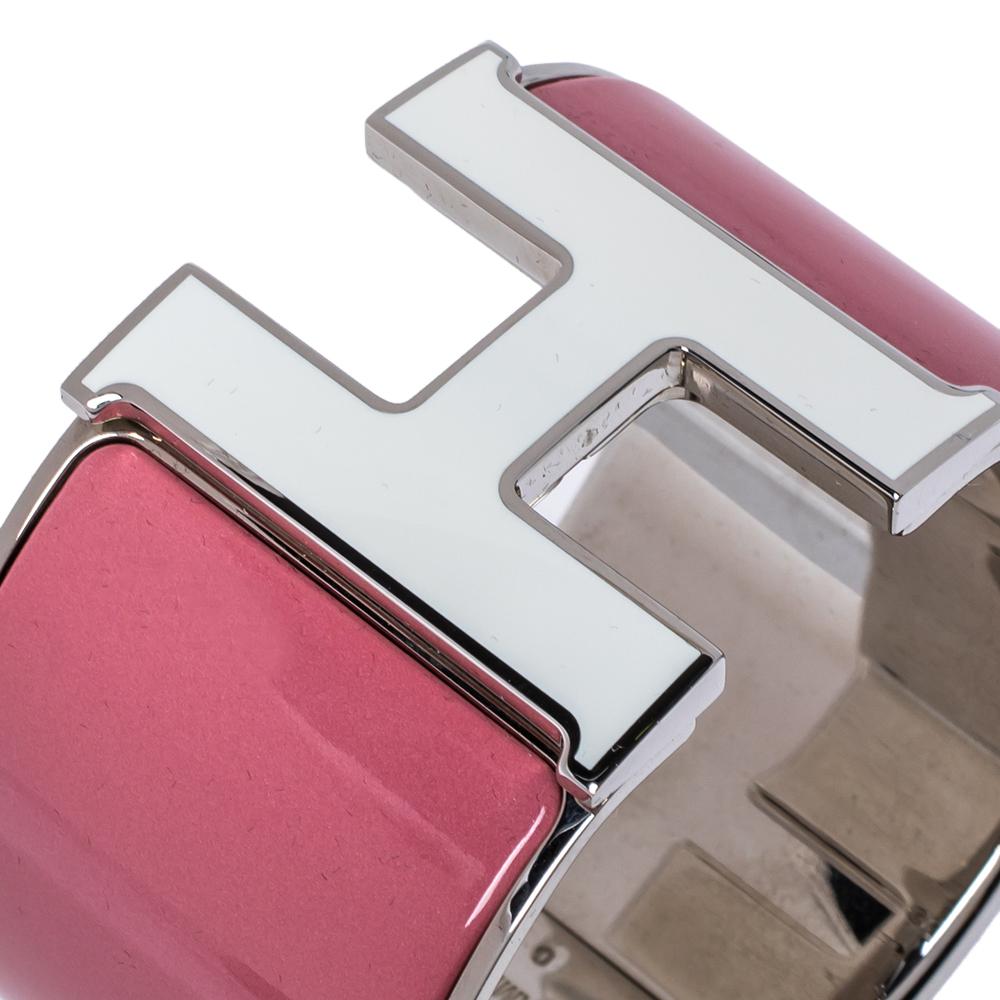 Hermès Clic Clac H White & Rose Velours Enamel Palladium Wide Bracelet PM 1