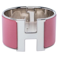 Hermès Clic Clac H White & Rose Velours Enamel Palladium Wide Bracelet PM