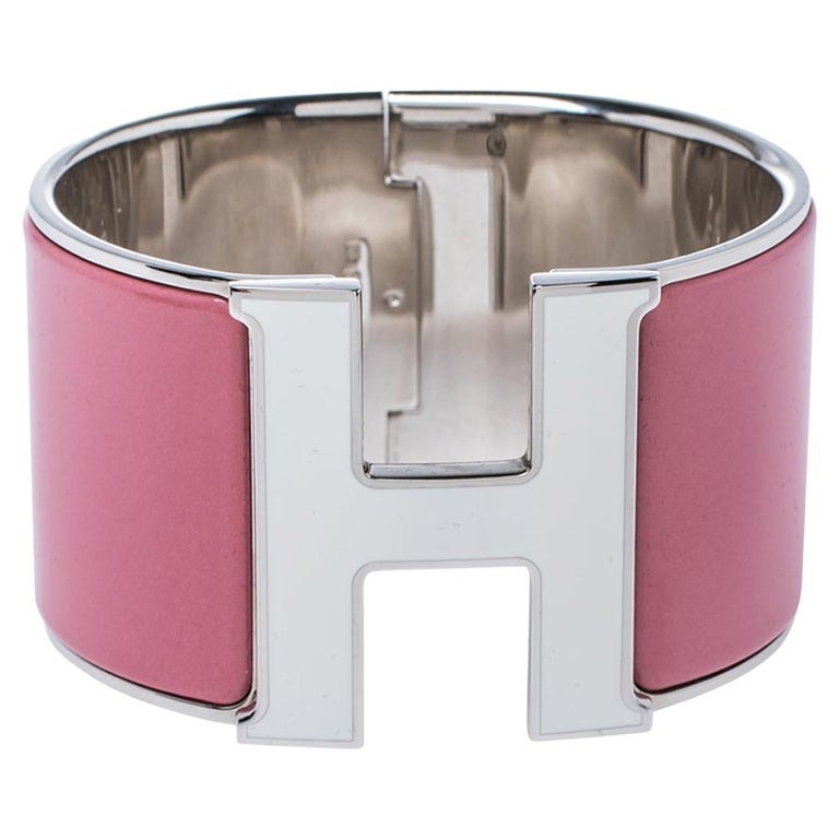 Hermès Clic Clac H White and Rose Velours Enamel Palladium Wide Bracelet PM  at 1stDibs