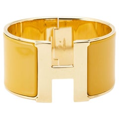 Retro Hermes Clic Clac H Yellow Enamel Gold Plated Extra Wide Bracelet