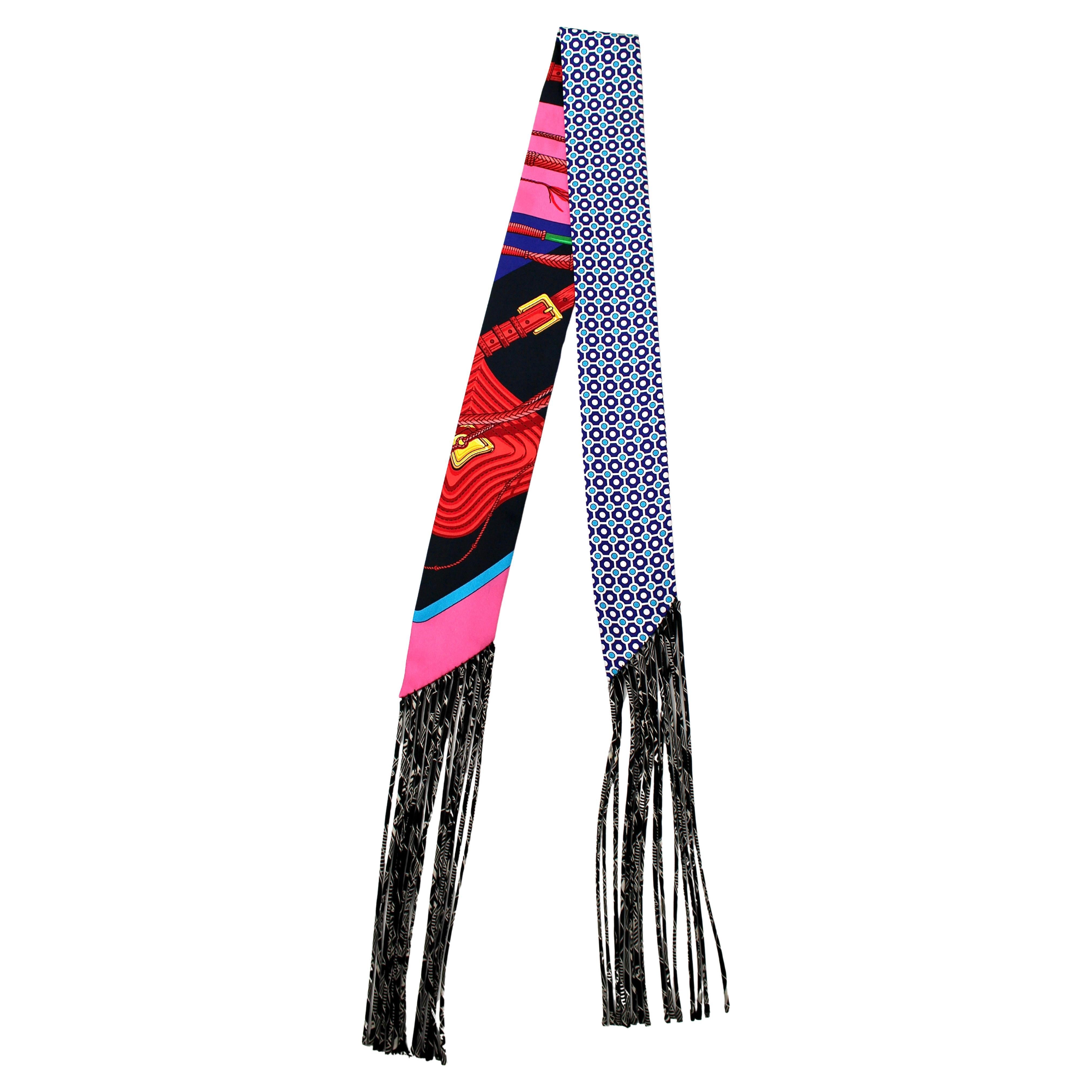 Hermes Clic Clac Modern Cannage Silk Fringe Twilly Scarf Negro en venta