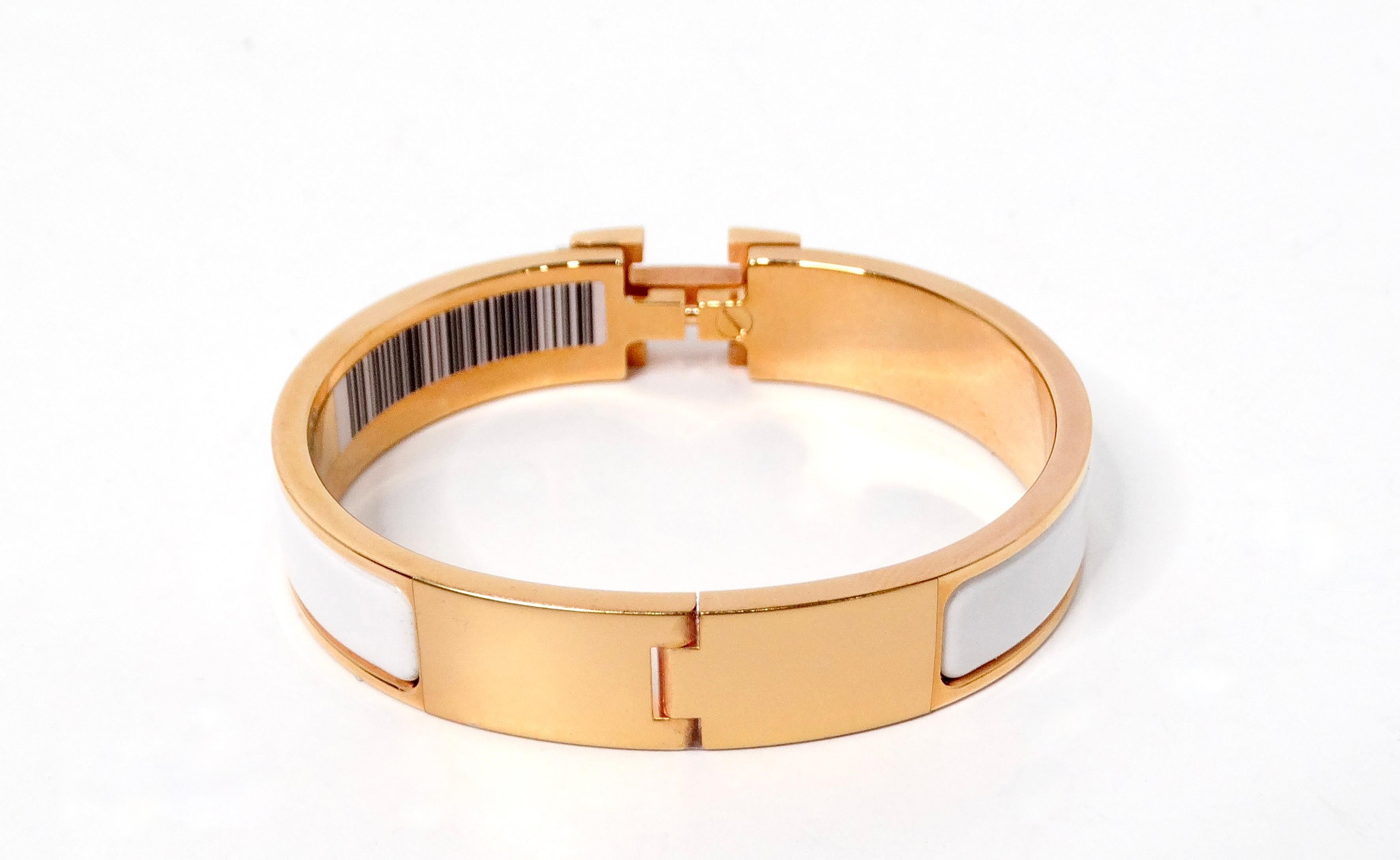Hermes Clic H 18k Gold Plated & White Enamel Bangle Bracelet en vente 1