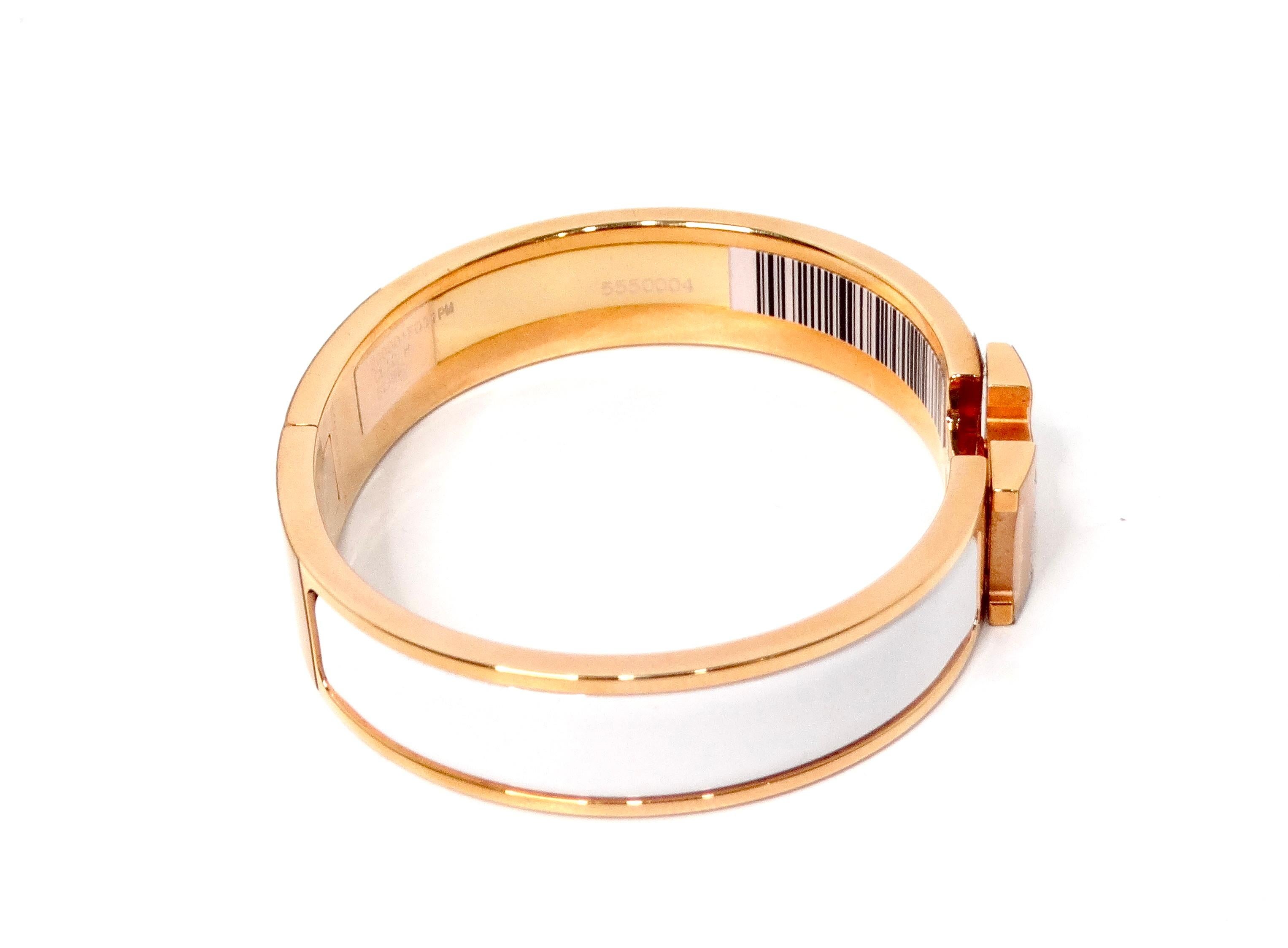 Hermes Clic H 18k Gold Plated & White Enamel Bangle Bracelet en vente 3