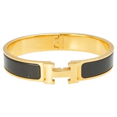 Hermès Clic H Black Enamel Gold Plated Narrow Bracelet