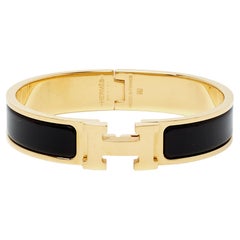 Hermès Clic H Black Enamel Gold Plated Narrow Bracelet