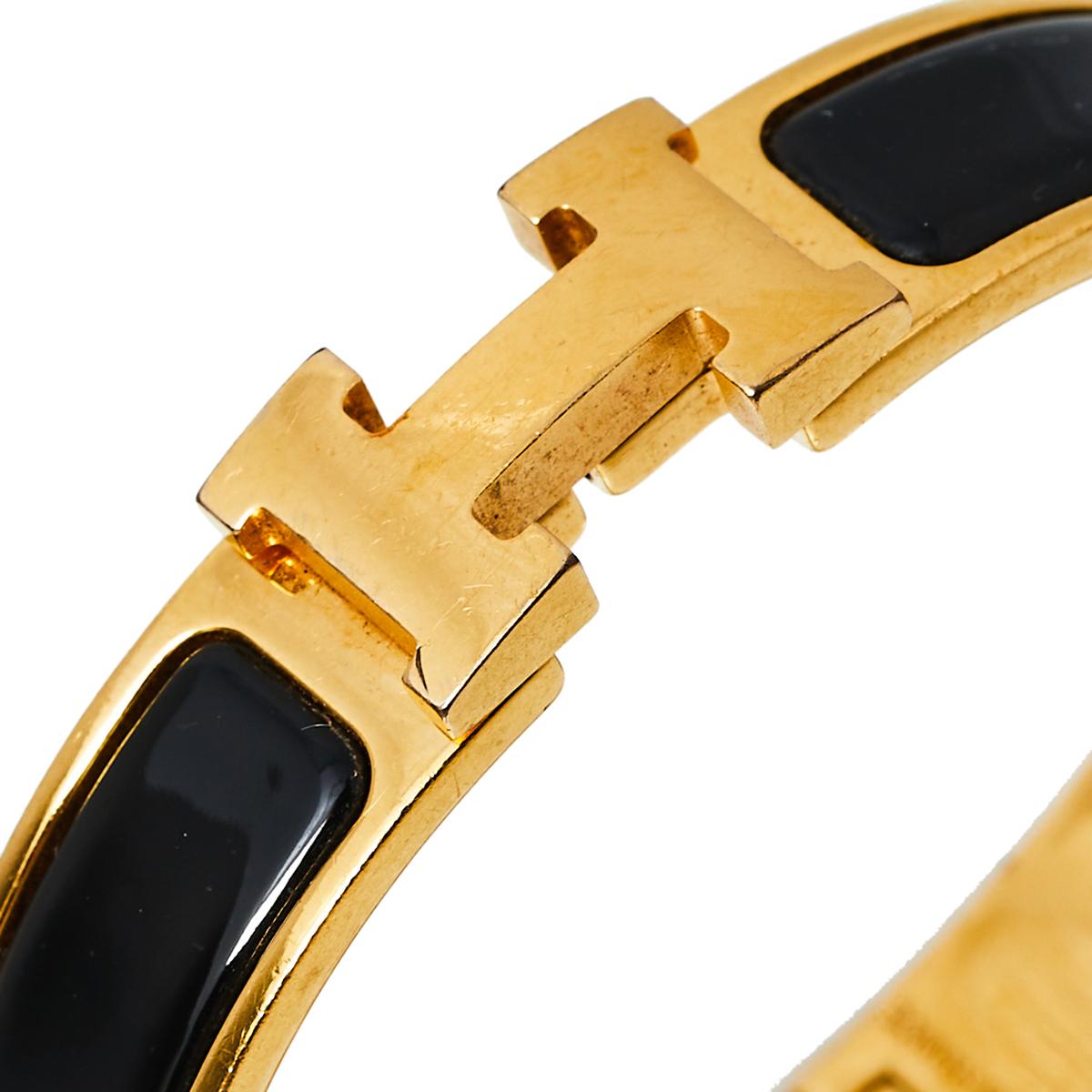 Contemporary Hermès Clic H Black Enamel Gold Plated Narrow Bracelet PM