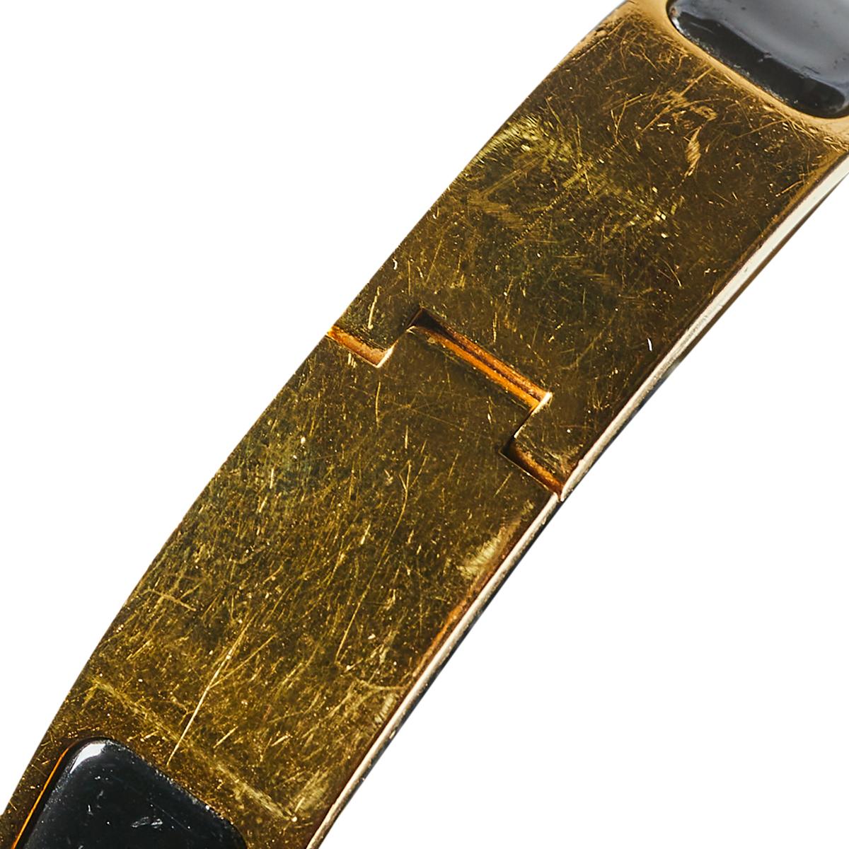 Women's Hermès Clic H Black Enamel Gold Plated Narrow Bracelet PM