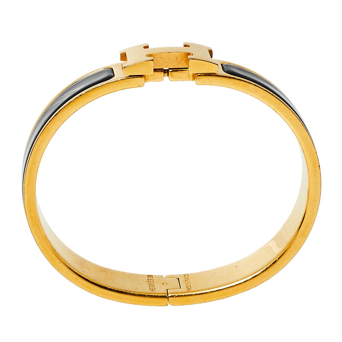 Hermès Clic H Black Enamel Gold Plated Narrow Bracelet PM 2