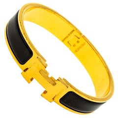 Hermès Clic H Black Enamel Gold Plated Narrow Bracelet PM