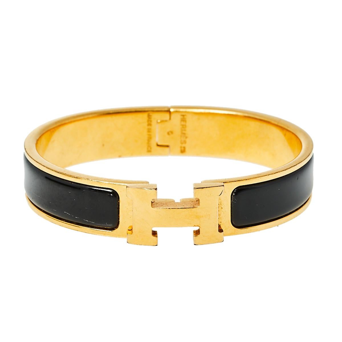 Hermès Clic H Black Enamel Gold Plated Narrow Bracelet PM