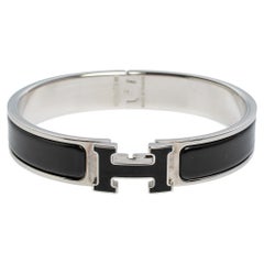 Hermès Clic H Black Enamel Palladium Plated Narrow Bracelet PM