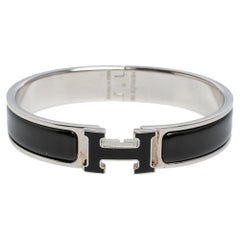 Hermès Clic H Black Enamel Palladium Plated Narrow Bracelet PM