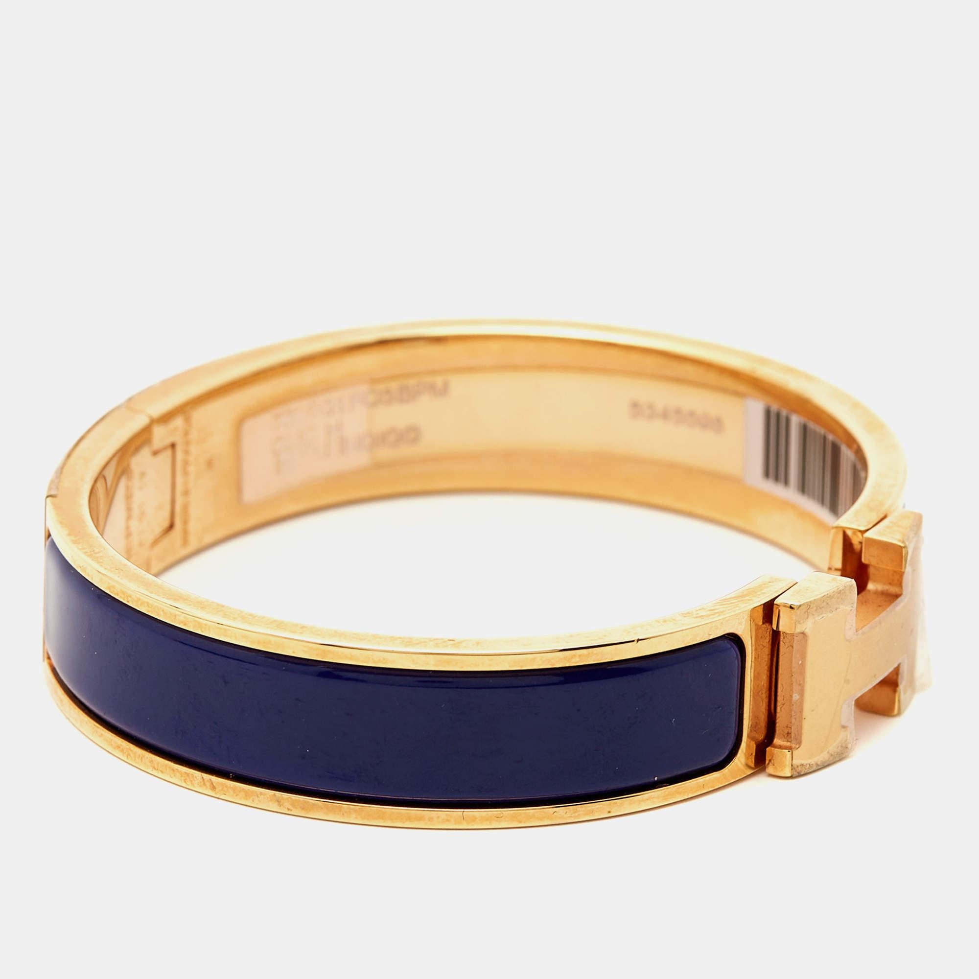 Hermes Clic H Blue Enamel Gold Plated Cuff Bracelet In New Condition In Dubai, Al Qouz 2
