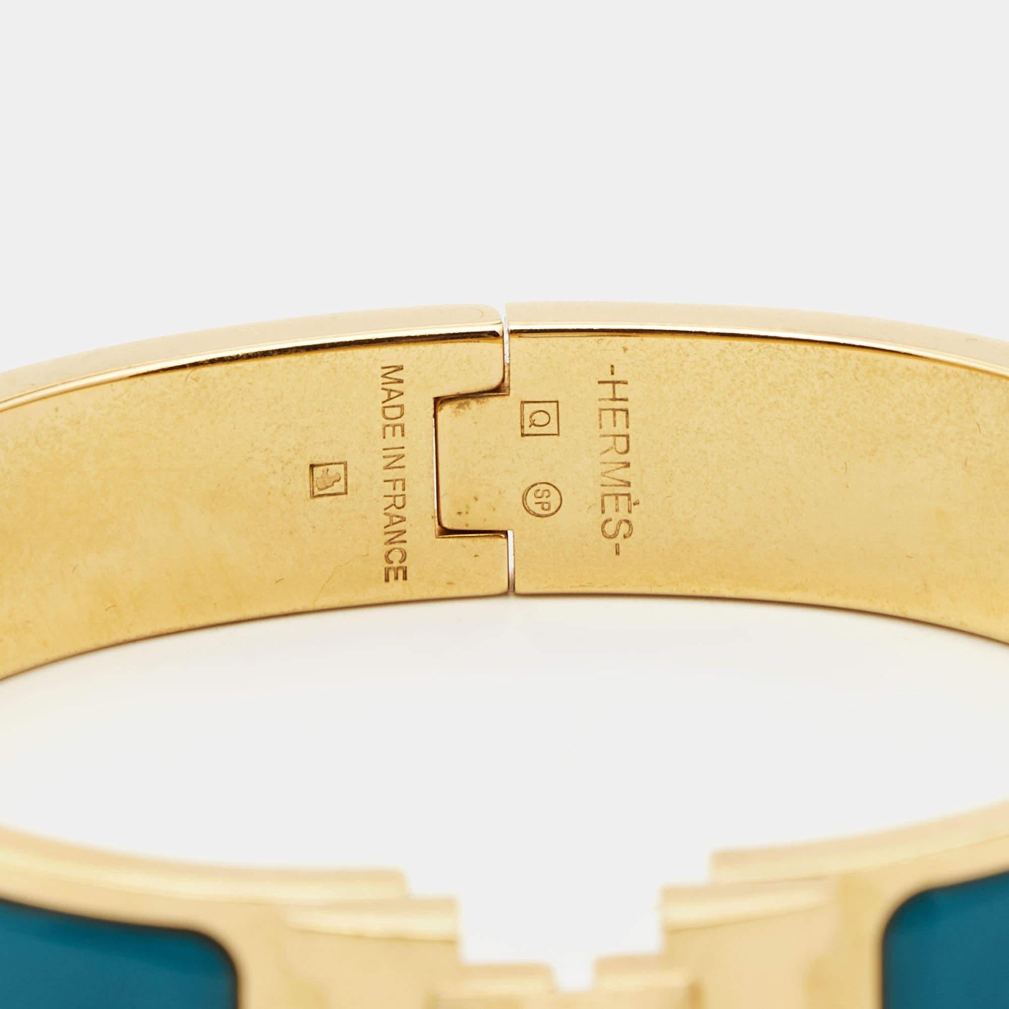Women's Hermes Clic H Blue Enamel Gold Plated Narrow Bracelet