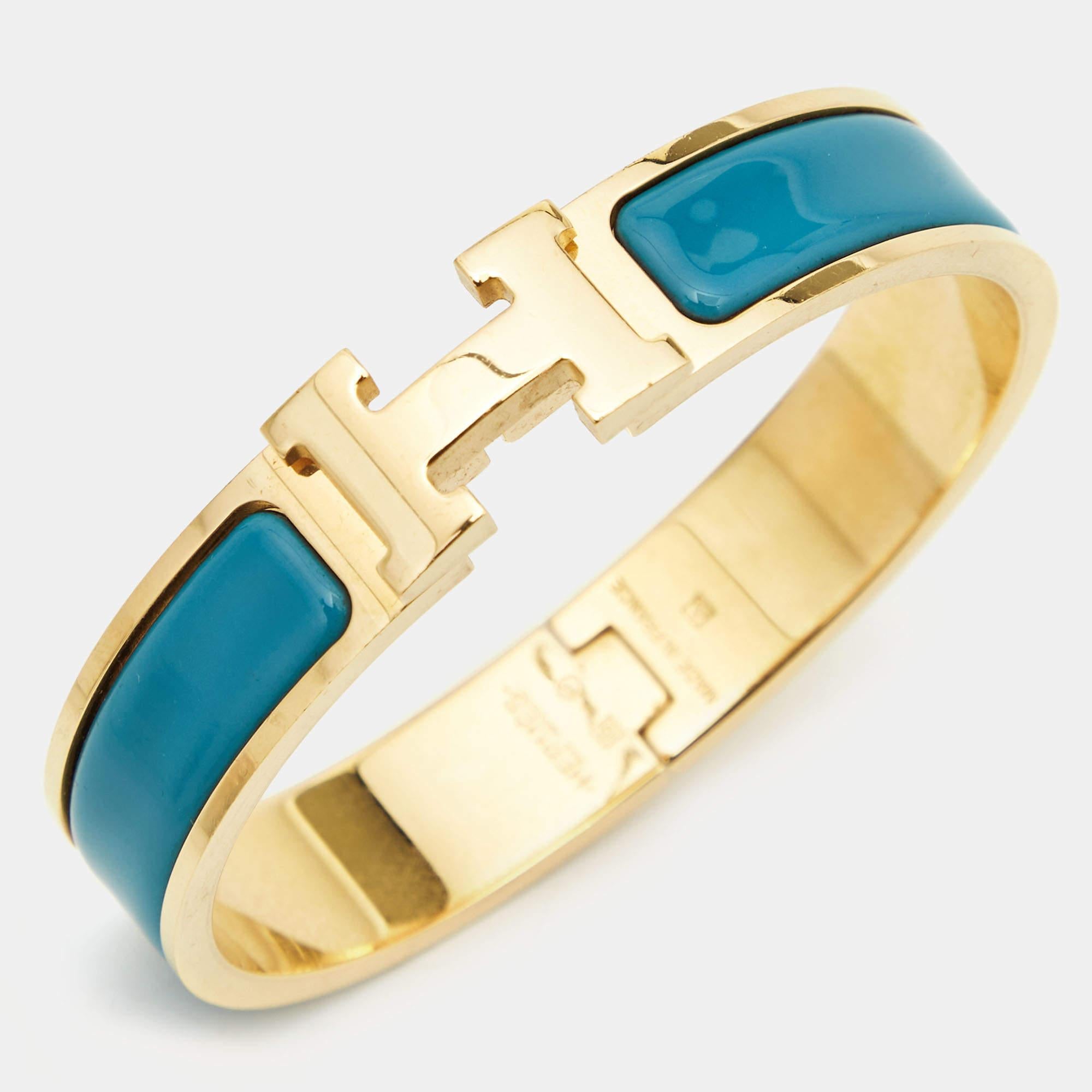 Hermes Clic H Blue Enamel Gold Plated Narrow Bracelet 1