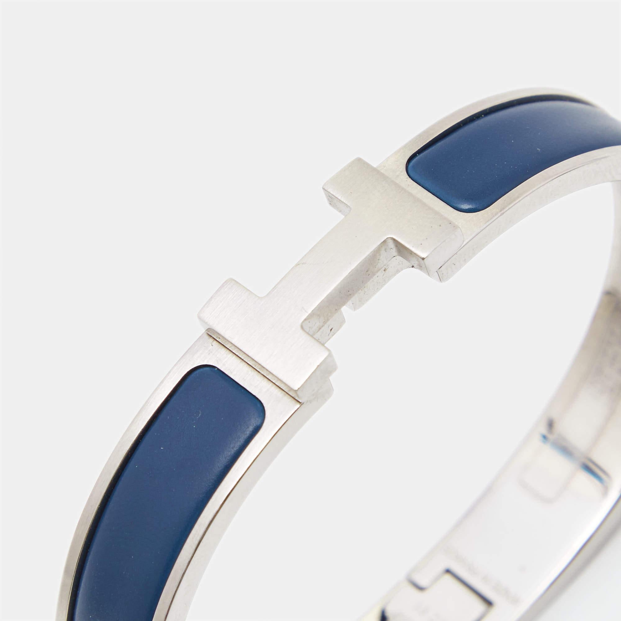 Hermes Clic H Blue Enamel Palladium Plated Bracelet In Excellent Condition In Dubai, Al Qouz 2