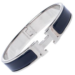 Hermes Clic H Blue Enamel Palladium Plated Narrow Bracelet GM