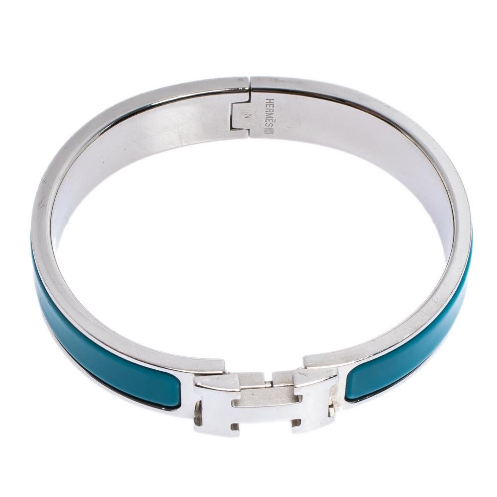 Hermès Clic H Blue Enamel Palladium Plated Narrow Bracelet PM In Good Condition In Dubai, Al Qouz 2
