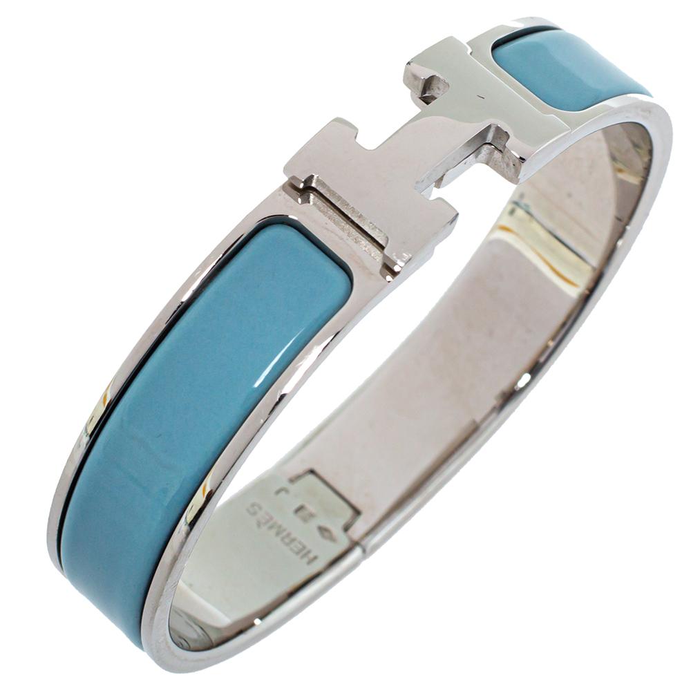 Contemporary Hermès Clic H Blue Enamel Palladium Plated Narrow Bracelet PM