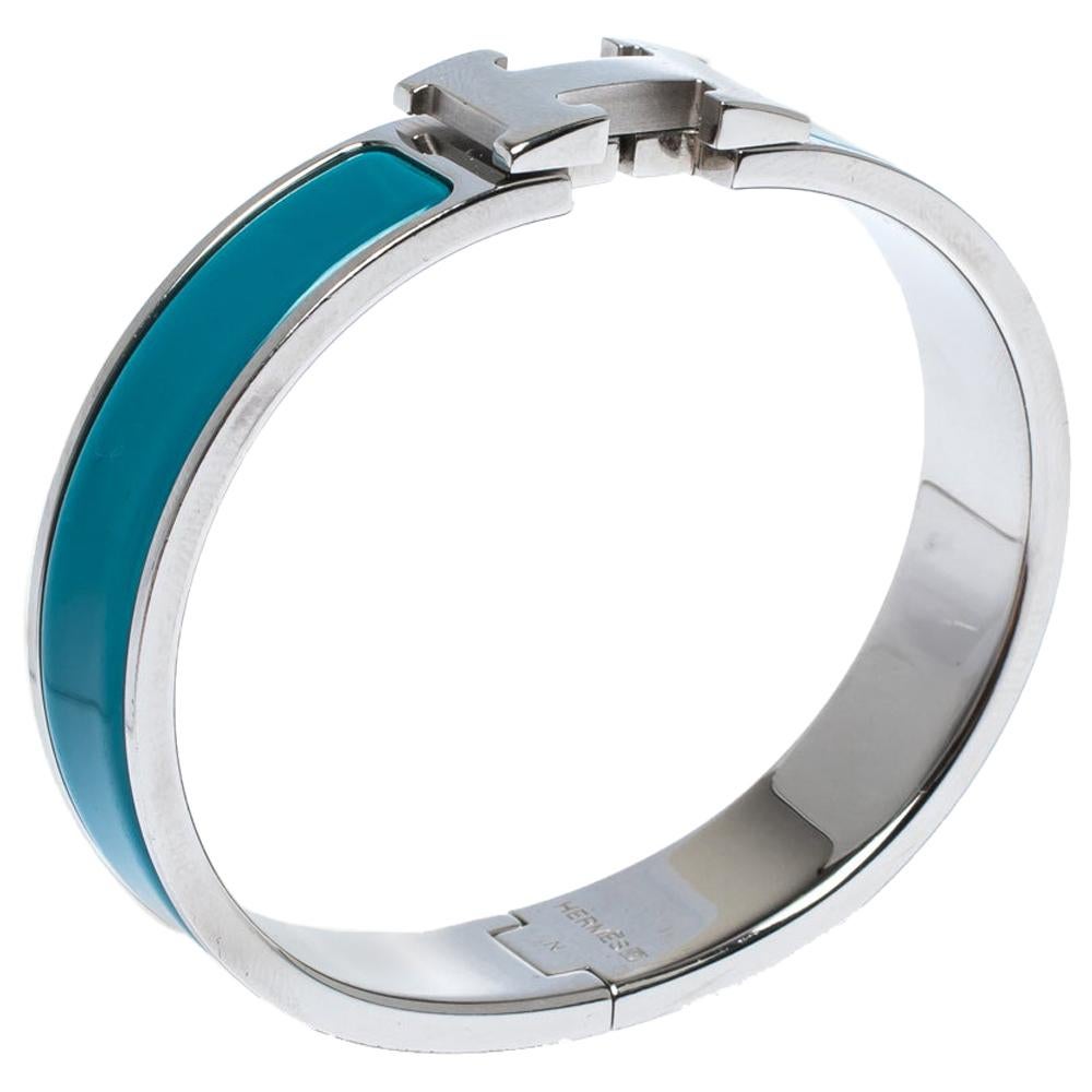 Hermès Clic H Blue Enamel Palladium Plated Narrow Bracelet PM