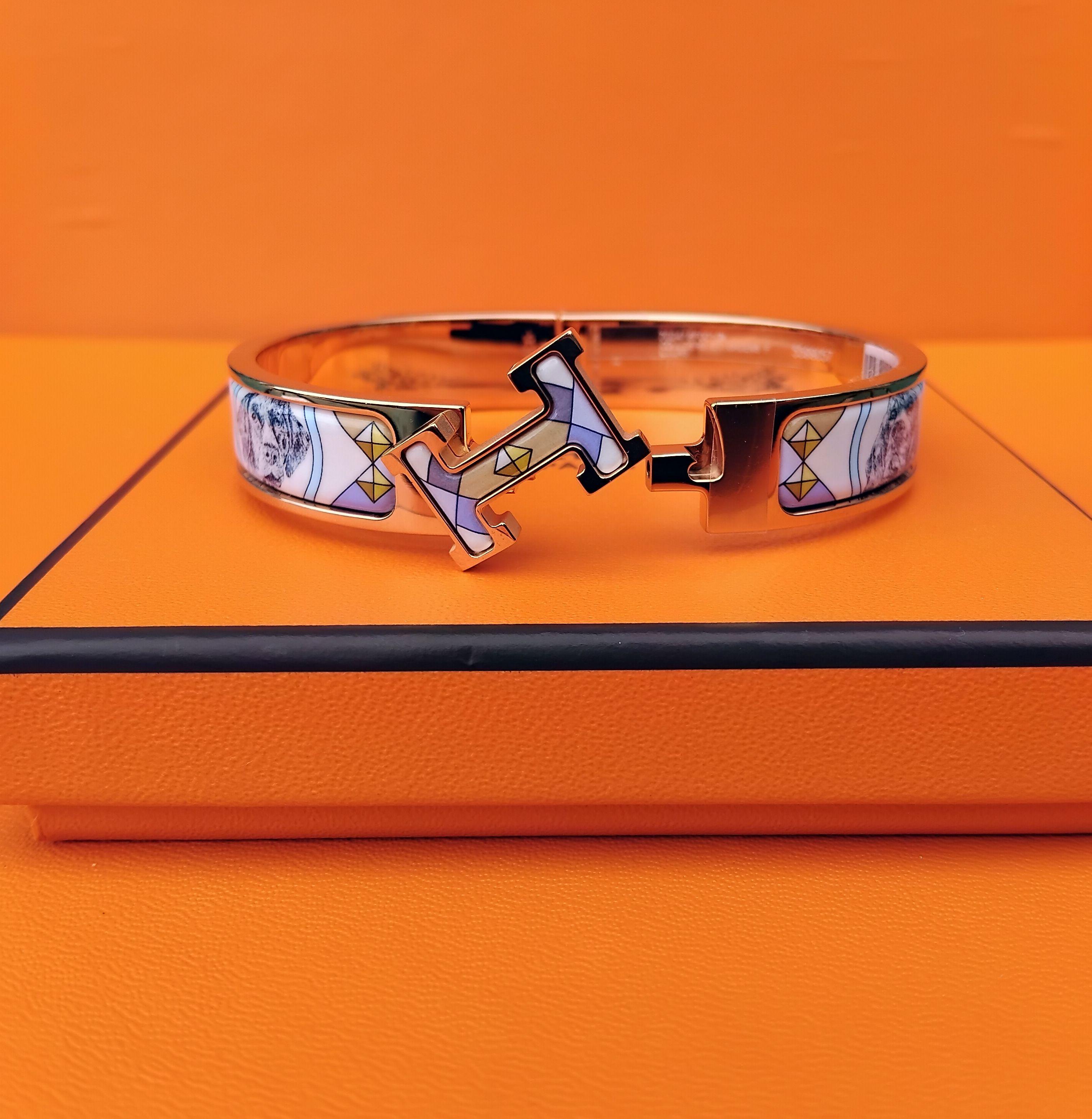 Hermès Clic H Colliers et Chiens Pulsera Esmalte Oro Rosa Lilas GM en venta 8