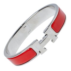 Hermès Clic H Coral Red Enamel Palladium Plated Narrow Bracelet PM