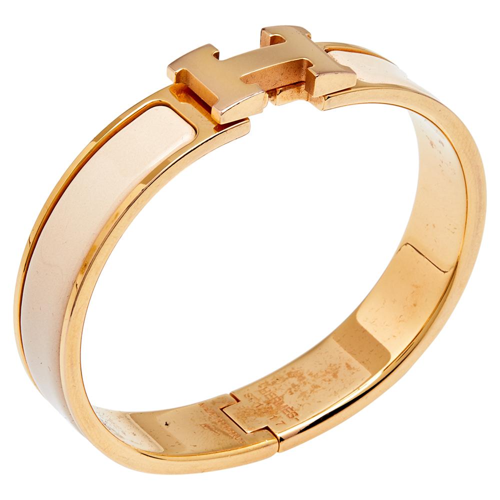 Contemporary Hermès Clic H Cream Enamel Rose Gold Plated Narrow Bracelet