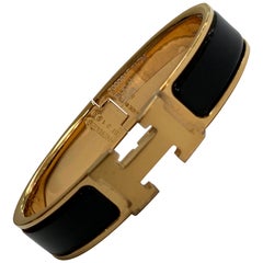 Hermes Clic H Enamel Bangle Bracelet Black with  Gold PM