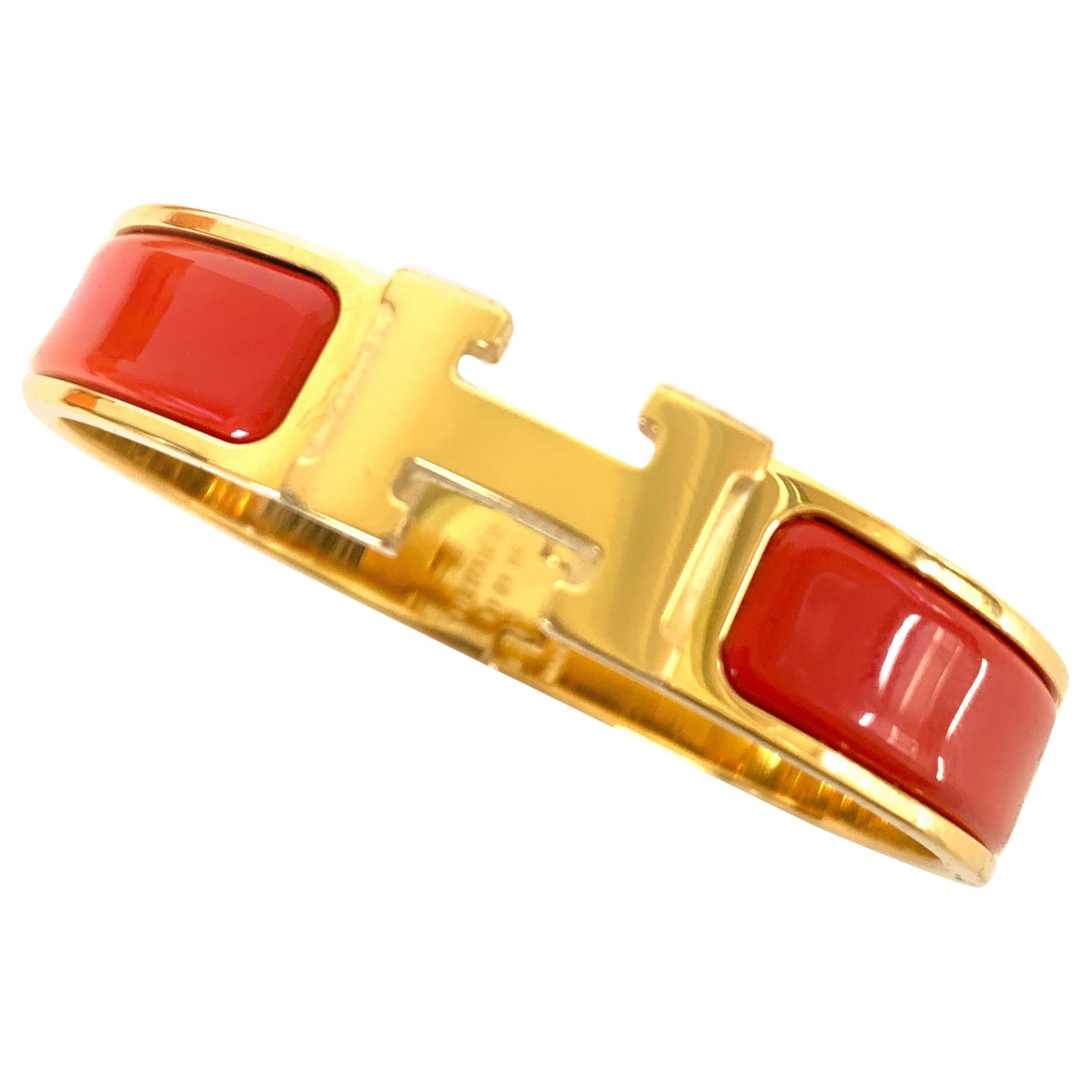 Hermes Clic H Enamel Bangle Bracelet Rouge Vif Red  Gold PM